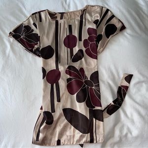 Silk satin print beige purple magenta tie back mini dress M